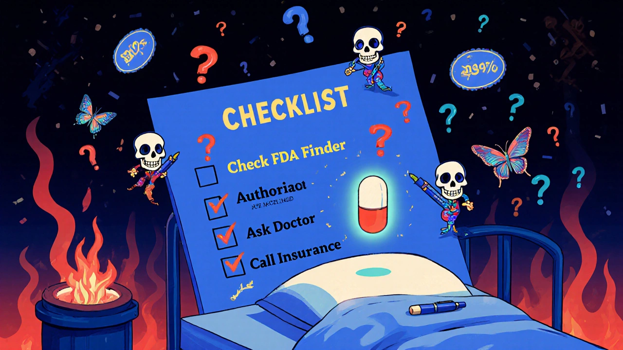 A medical chart with patient action steps floats above a bed, a glowing authorized generic pill at its center amid floating symbols.