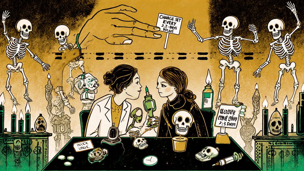 A medical educator and patient at a table with sugar skull glucose tablets, a giant IOB hand blocking an overdose, surrounded by pump supplies and dancing skeletons.