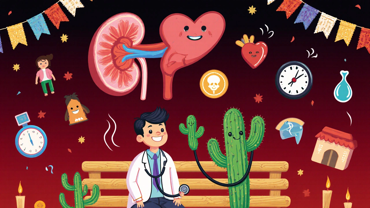 A patient and skeletal doctor beside floating heart and kidney icons, with symbols of health benefits under marigolds and papel picado.
