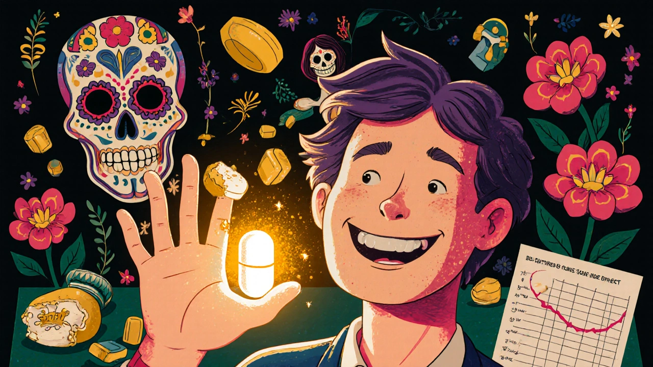 A patient holding one glowing pill as five others dissolve into golden dust, surrounded by flowers.