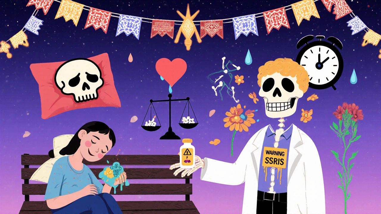 A patient surrounded by symbolic side effects receives hope from a doctor skeleton offering SSRIs, with marigold petals and brain synapses in the sky.