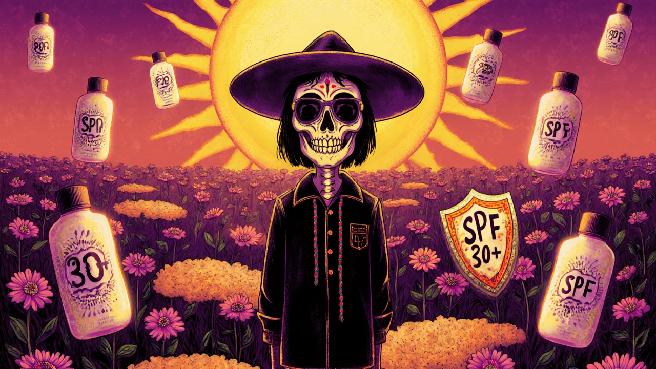 A person protected by a hat and sunglasses stands before a skeletal sun, with skin patches blooming into marigolds as symbols of prevention.