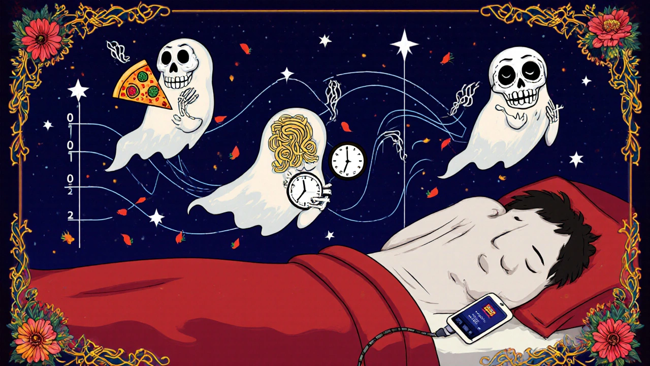 A person sleeping with a pump, surrounded by ghostly bolus spirits shaped like food and sugar skulls, under a starry CGM graph sky.