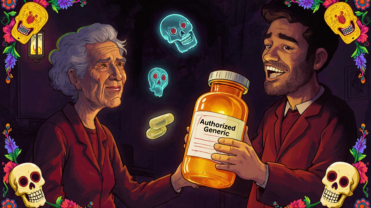 A pharmacist hands a patient a bottle labeled &#039;Authorized Generic&#039; as other pills fade away, framed by sugar skulls and candlelight.