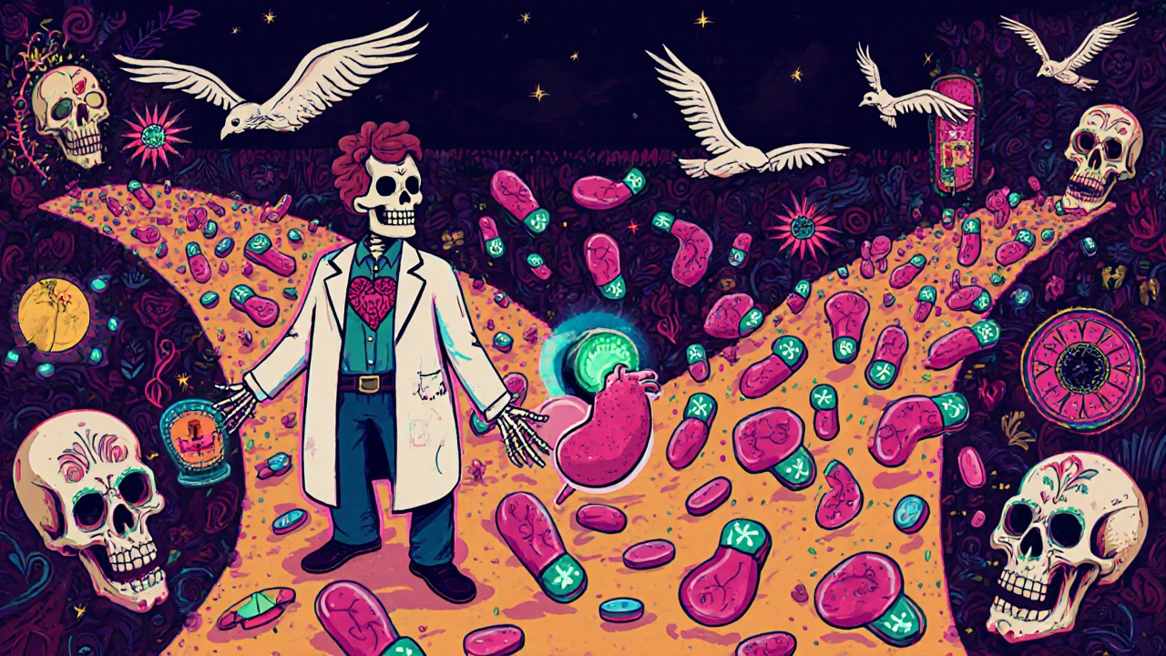 A skeletal doctor offering two paths: one safe with heart and kidney symbols, the other dangerous with falling blood sugar and infections.