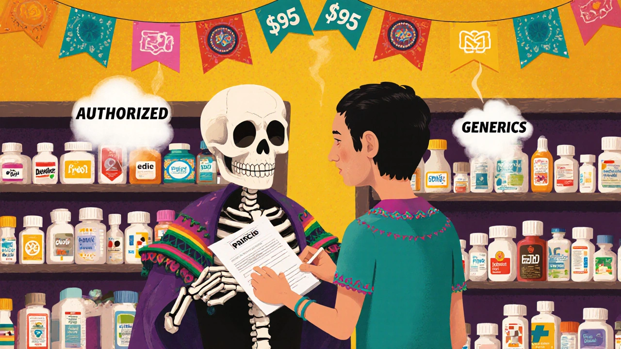 A skeleton pharmacist offering medicine, with branded drugs in fancy attire and simpler generics beside them, under festive banners.