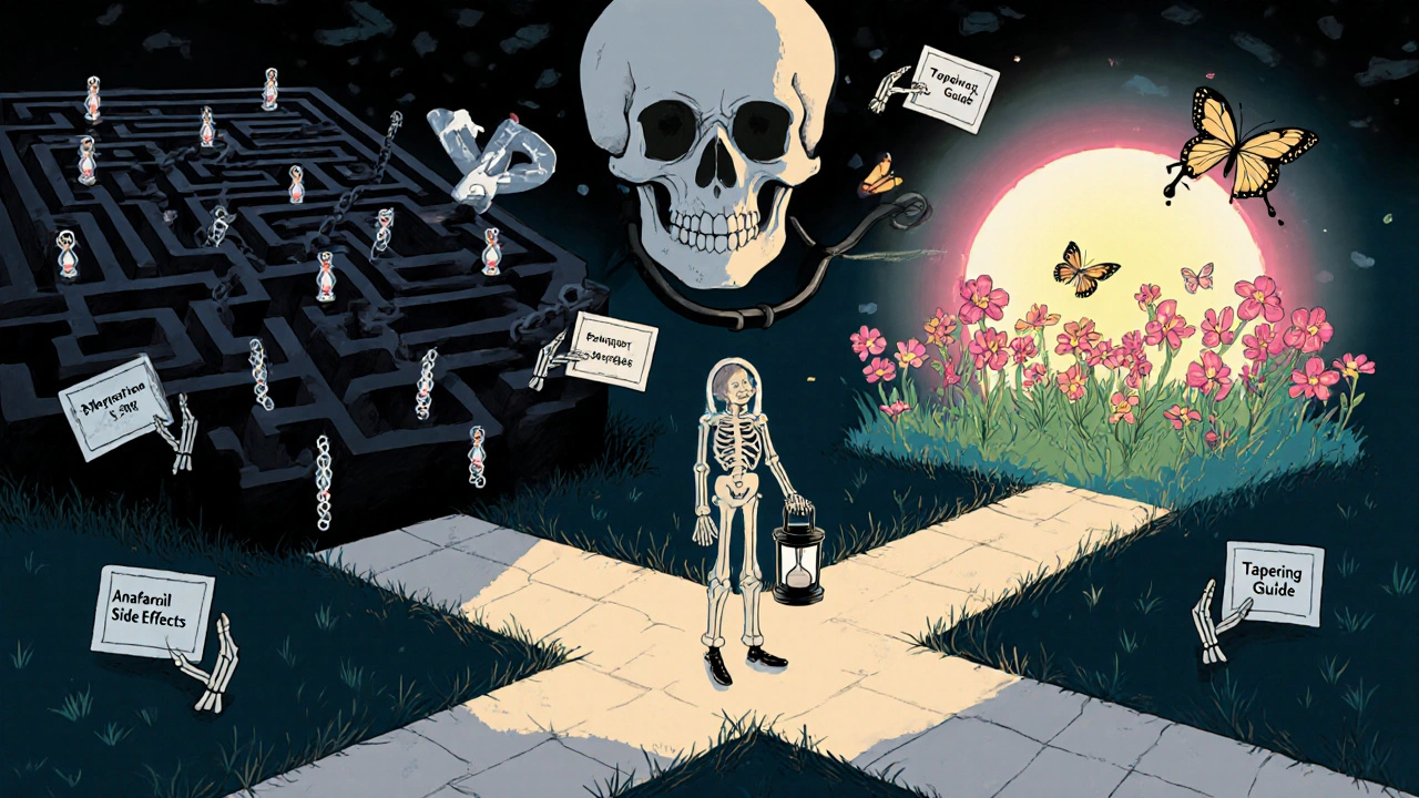 A skeleton stands at a crossroads between a dark brain maze and a sunlit SSRIs garden, choosing a safer path to mental health.