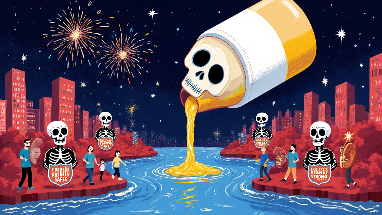 A skull-faced pill bottle pouring golden liquid into a river flowing through protected hearts and kidneys, with celebrating patients below.