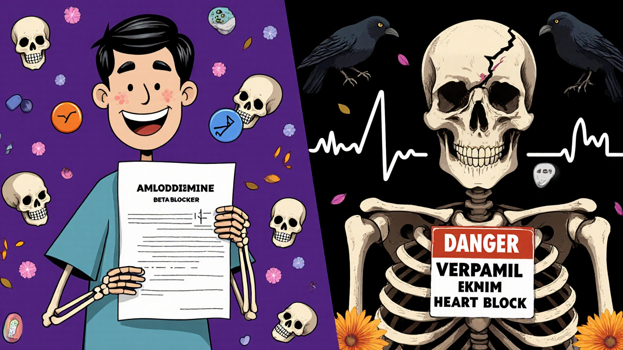 A smiling skeleton safely taking amlodipine with normal ECG waves, vs. a grim skeleton with fractured ECG and warning signs from verapamil combo.