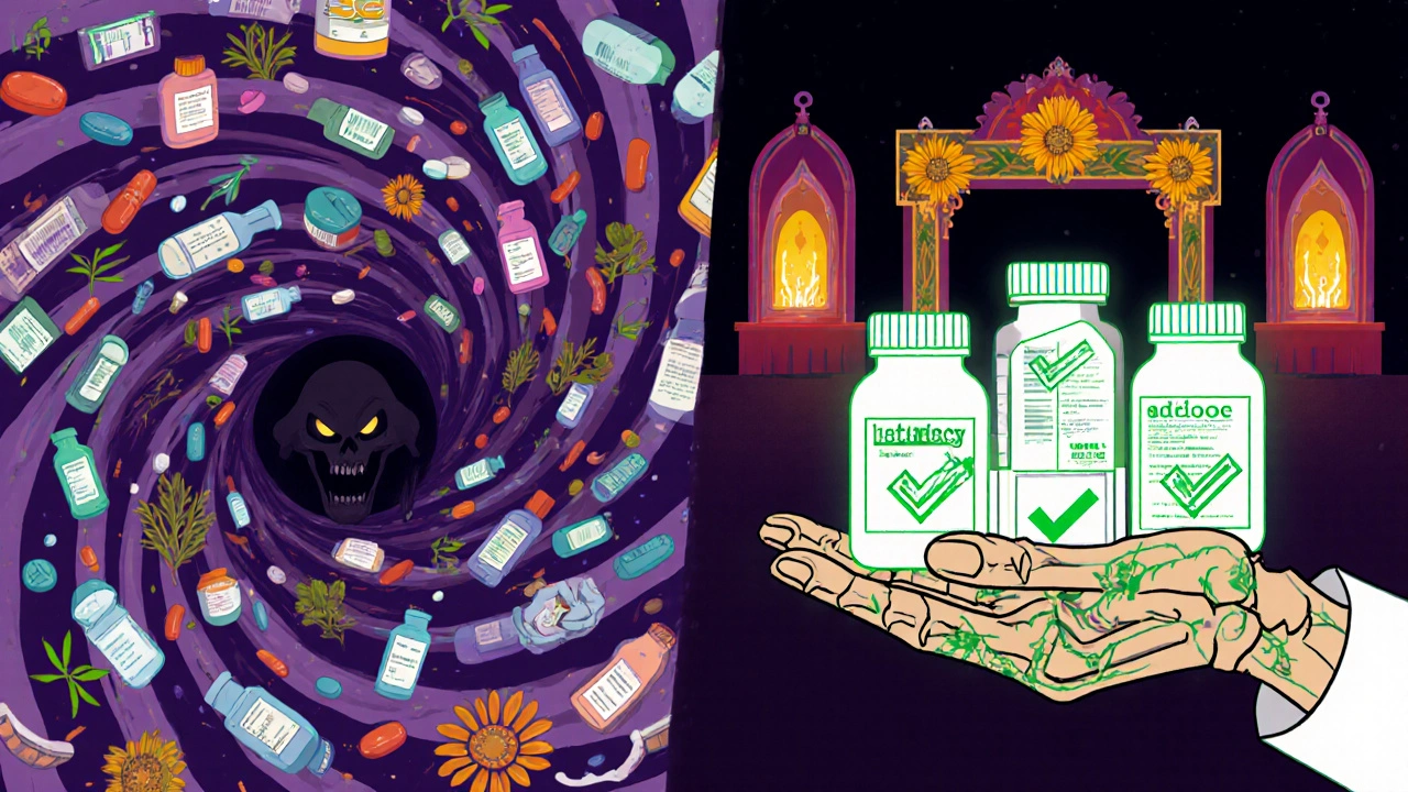 Chaotic medicine vortex vs. organized safe meds, held by a floral-skull pharmacist under glowing altars.