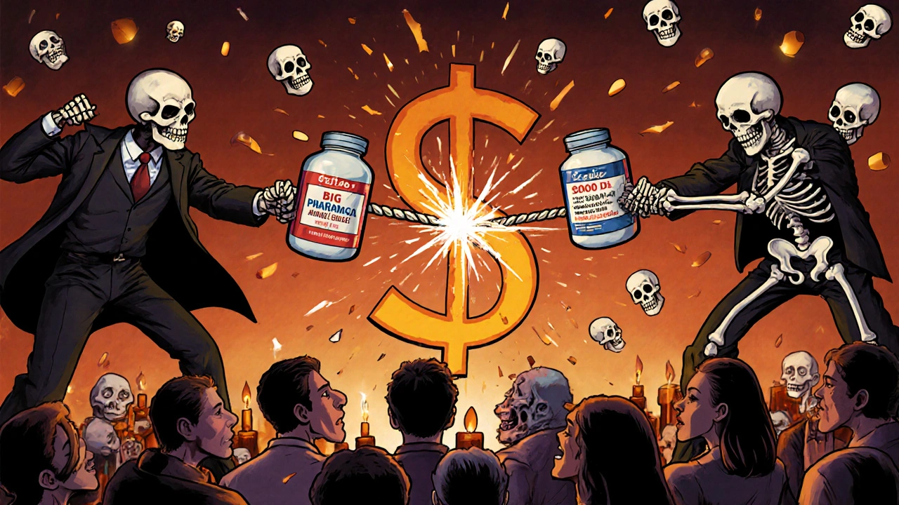 Corporate skeletons battle generic manufacturers over a dollar sign rope, with prices shattering as competition grows.