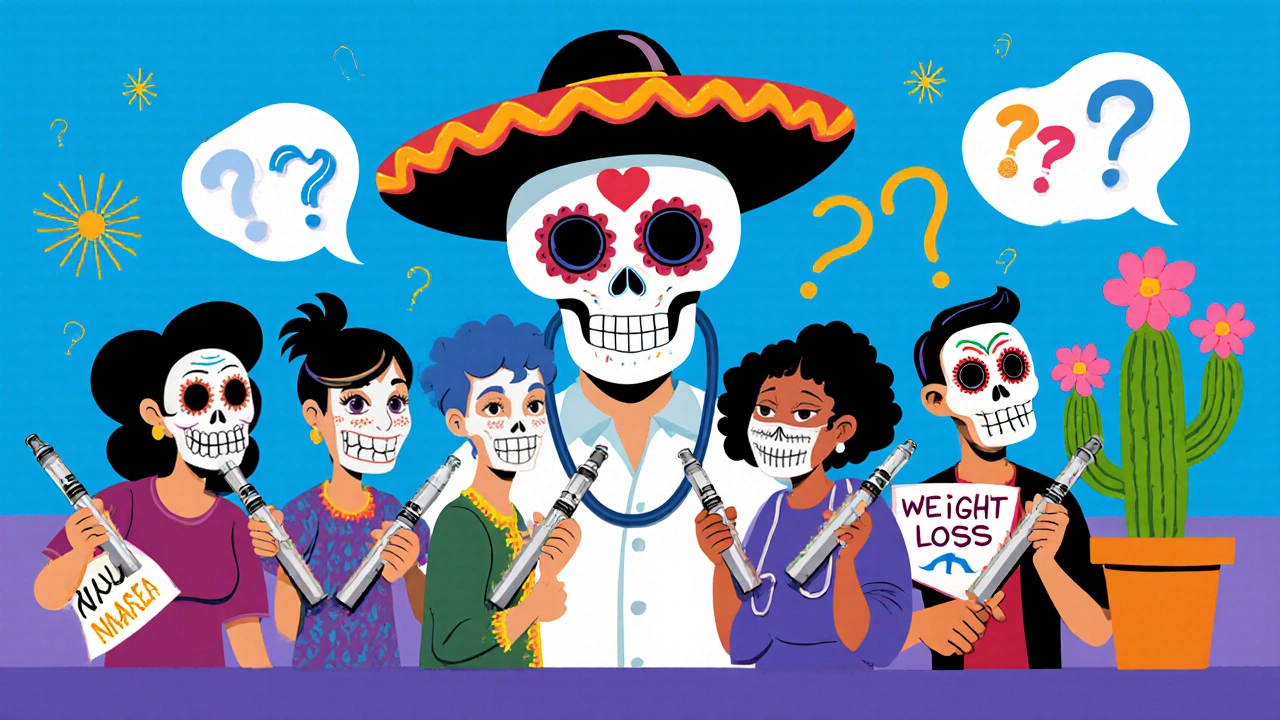 Diverse patients holding GLP-1 pens, each with unique skull masks, surrounded by symbols of weight loss and heart health under a watchful calavera.