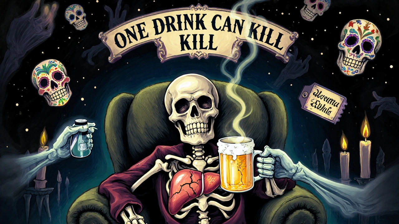 Elderly skeleton with acetaminophen and beer, translucent cracked liver glowing with toxic smoke under candlelight.