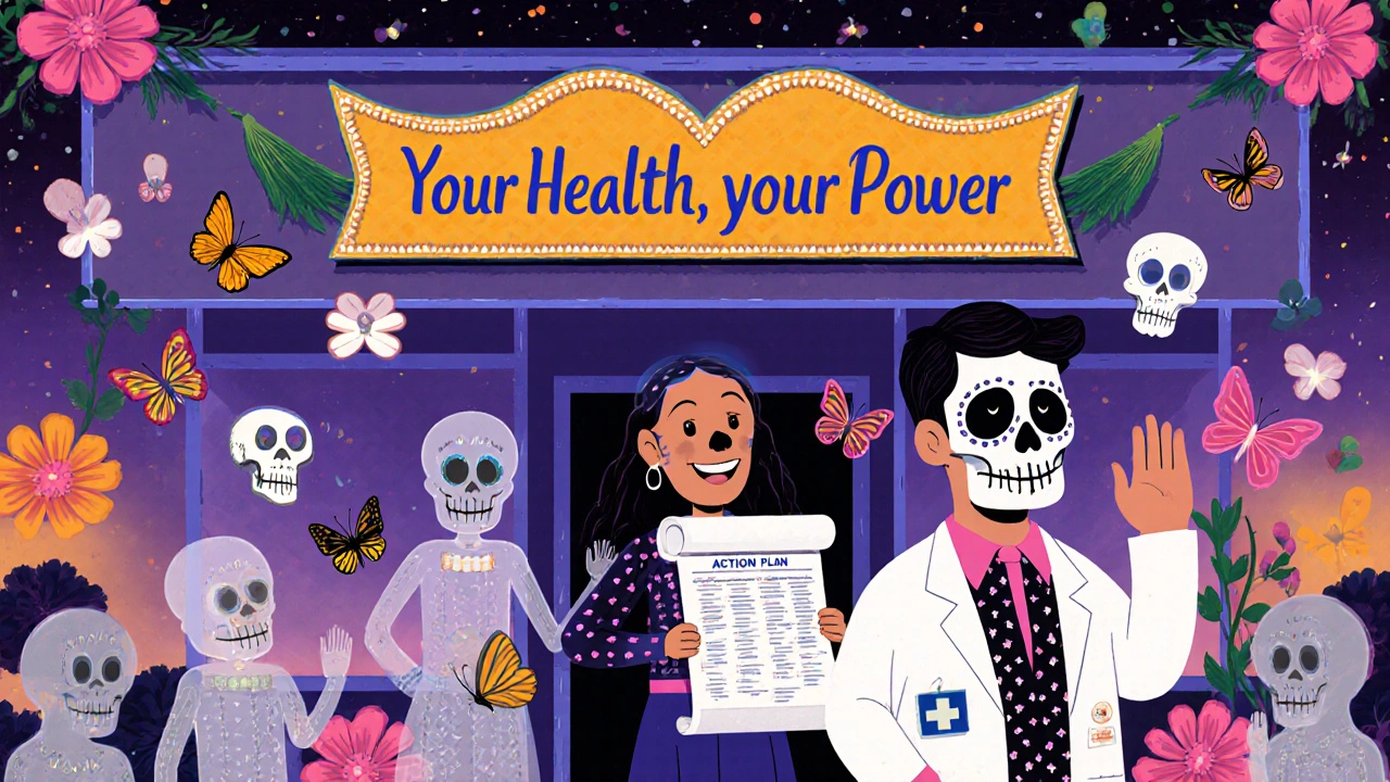 Patient exits pharmacy with action plan as past medication errors turn to butterflies, surrounded by marigolds and sugar skulls.