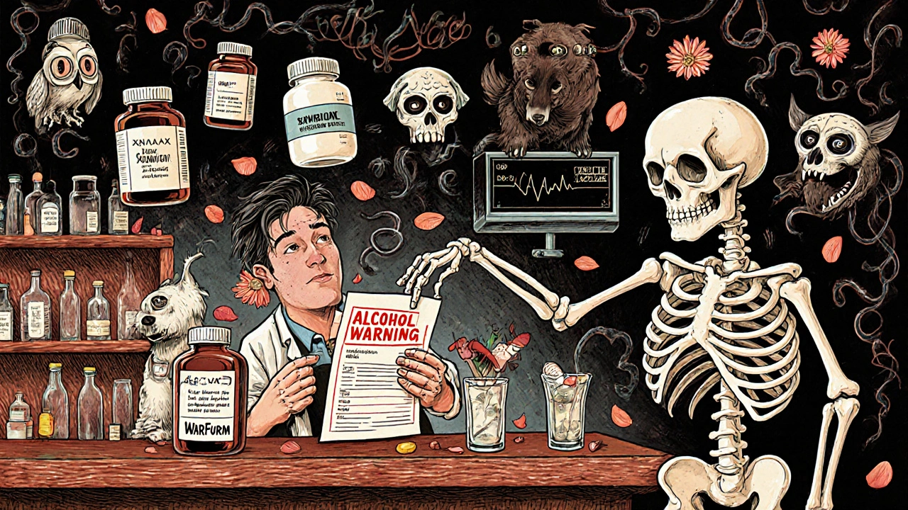 Pharmacist warning a skeleton patient about dangerous drug-alcohol combos, floating medication bottles and flatlining monitor in background.