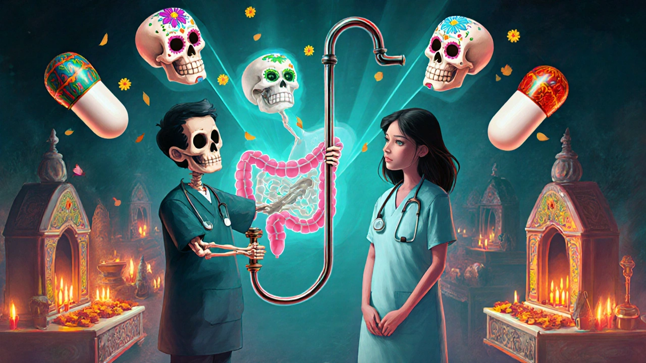 Skeletal doctors using a colonoscope shaped like a ceremonial cane, projecting AI-flagged lesions as sugar skulls.