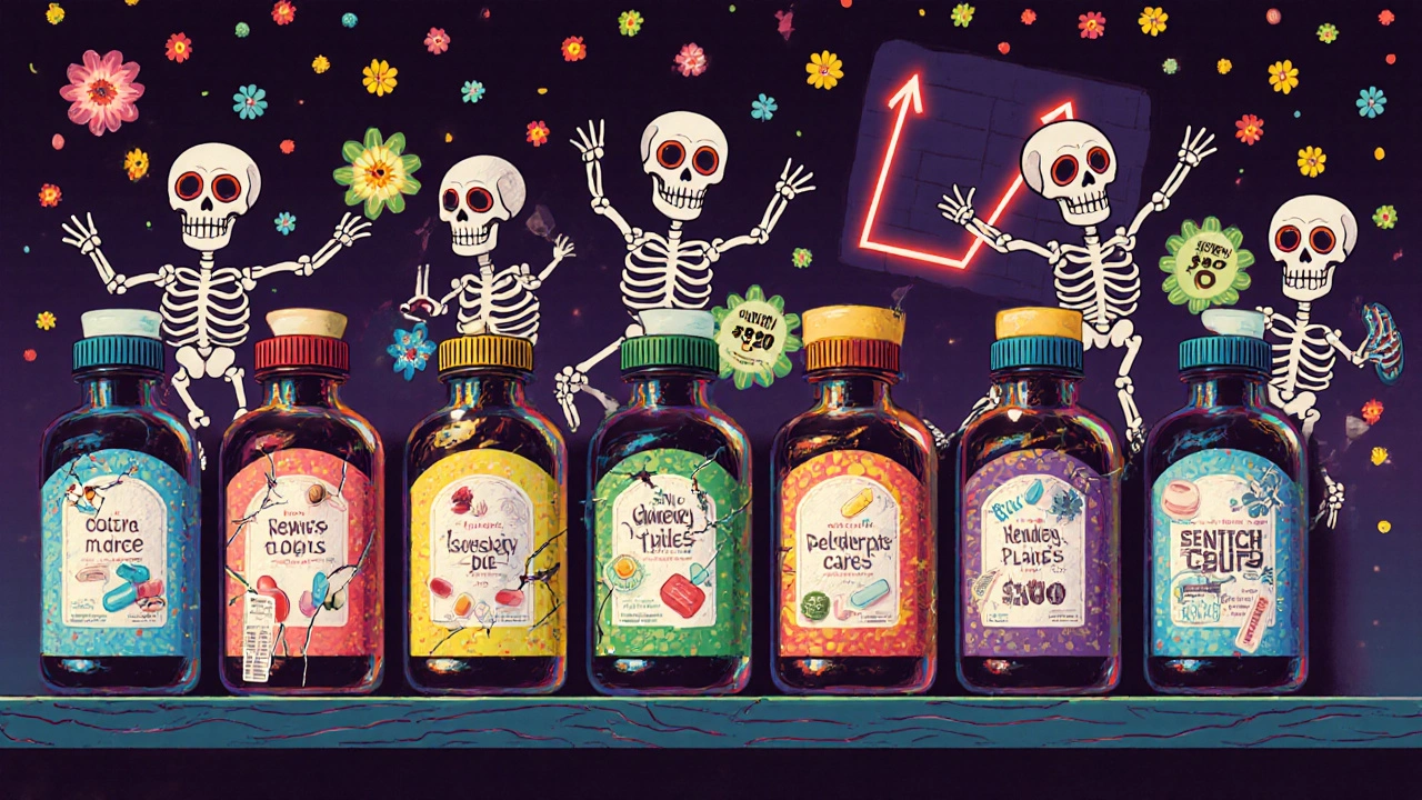 Ten colorful generic pill bottles line a shelf while a branded bottle crumbles, surrounded by dancing skeletons and sugar skulls.