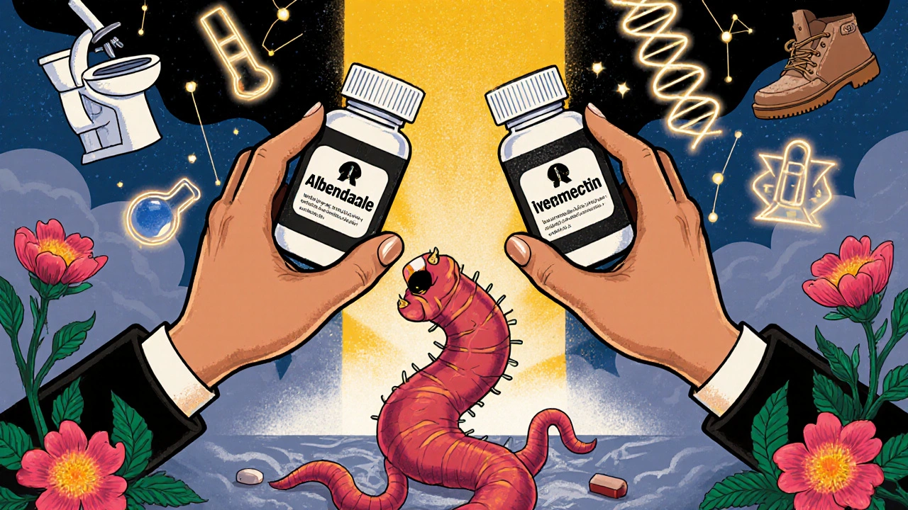 Two pills crush a multi-headed worm, surrounded by symbols of testing, sanitation, and shoes.