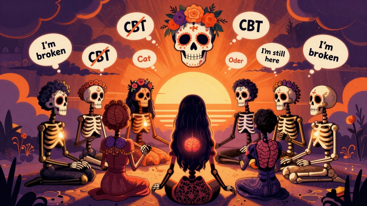 A circle of skeletons holding hands with glowing brains, a sunrise mural behind them, symbols of healing floating above.