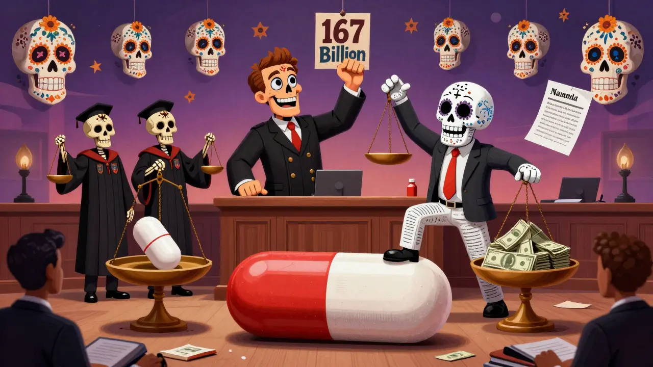 A courtroom scale balances a generic pill against billions in cash, with a patent-wearing executive trying to cheat.