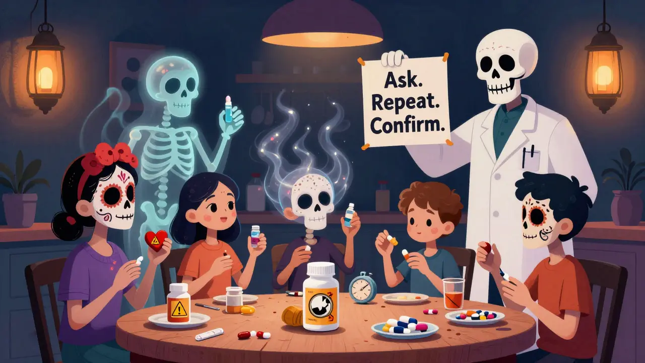 A family gathers around medications as ghostly skeletons rise from each bottle revealing hidden risks, with a pharmacist holding a safety banner in colorful Day of the Dead style.