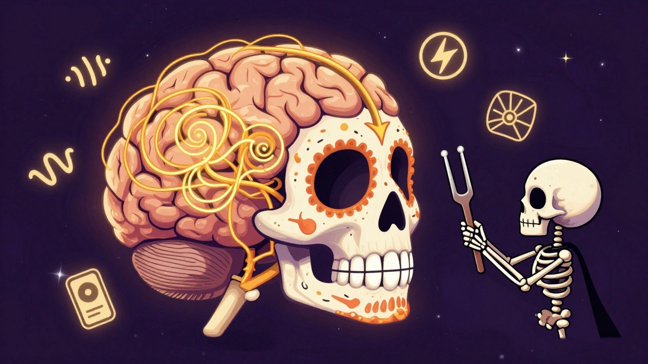 A glowing skull brain with tangled sound threads being untangled by a tiny healer holding a tuning fork.