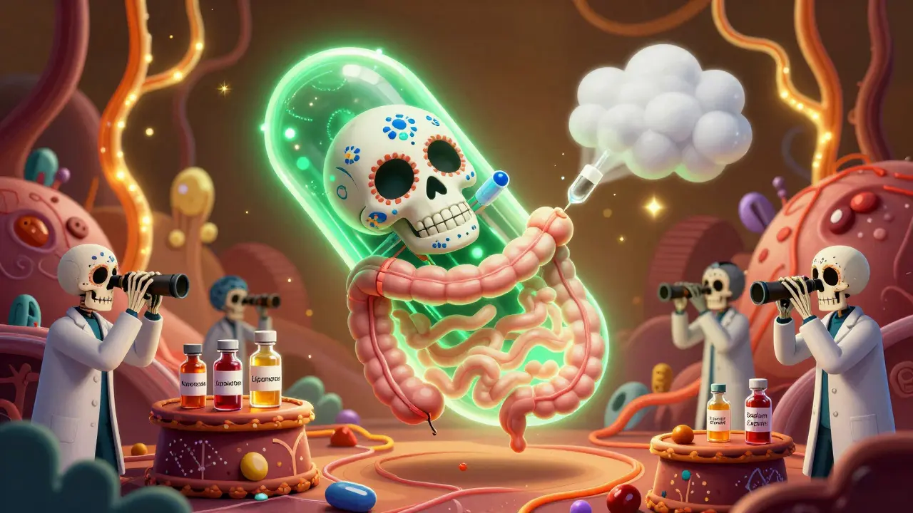 A glowing sugar skull capsule releasing medicine in a glowing intestine, watched by skeletal scientists.