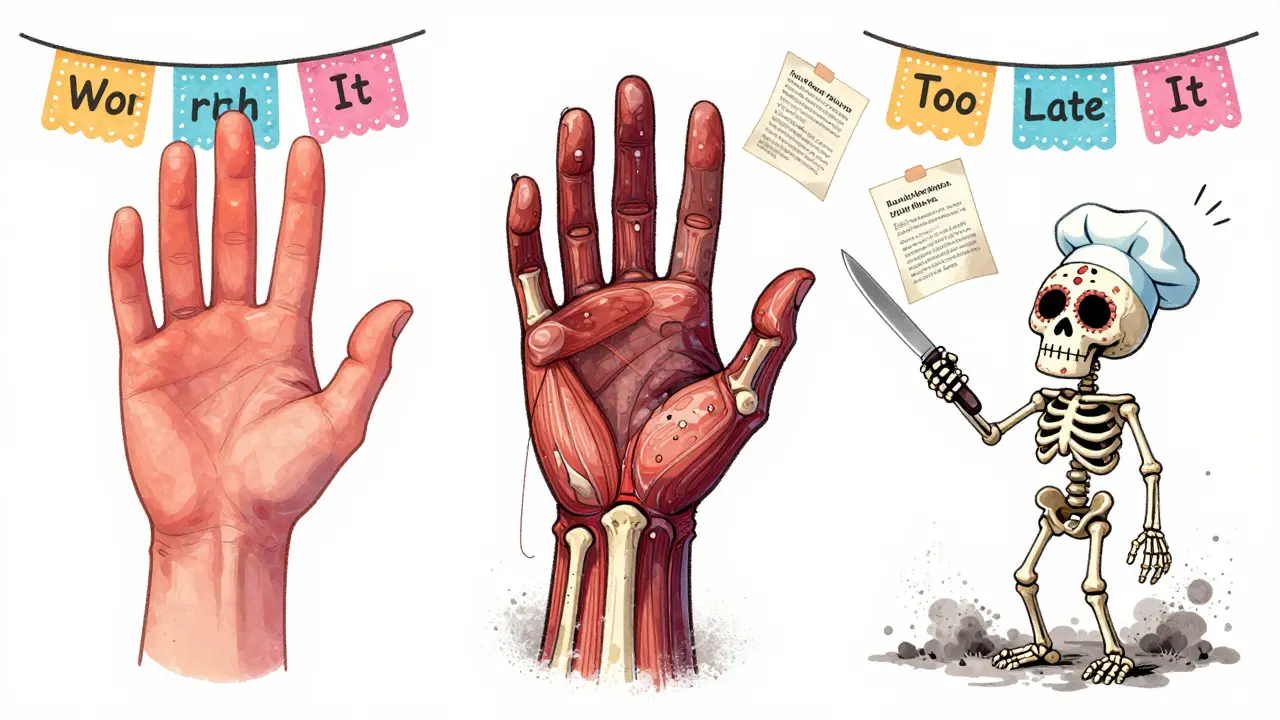 A hand deteriorating through three stages of carpal tunnel syndrome, with a surgeon skeleton hovering above, surrounded by floating testimonials.