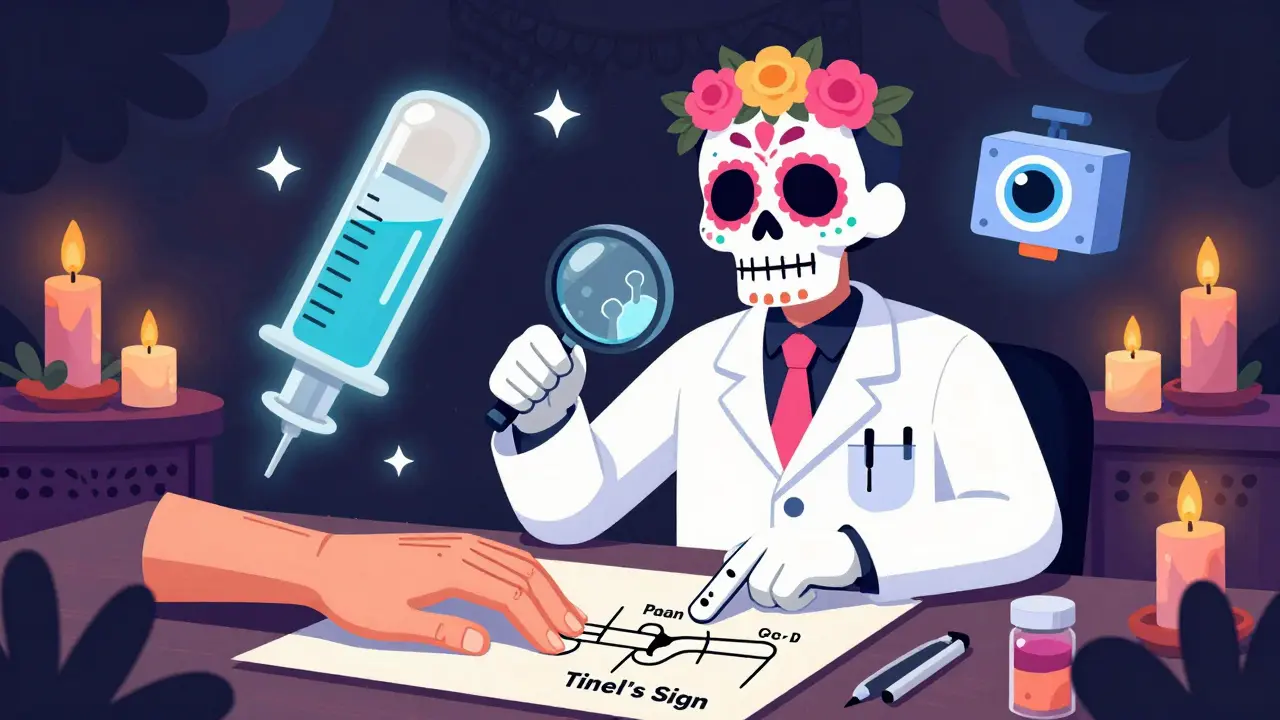 A medical examiner examining a hand diagram with ghostly test icons, set against a Day of the Dead altar backdrop.