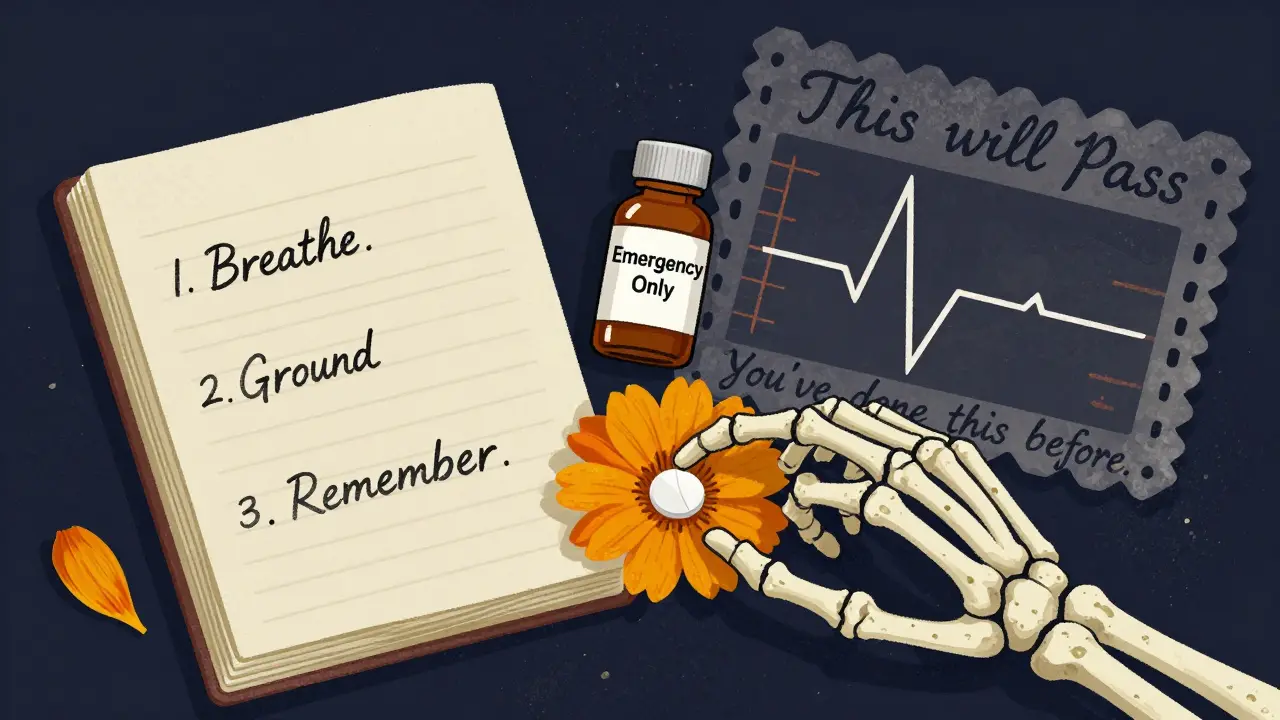 A medicine bottle beside a journal with breathing steps, a skeletal hand offering a pill on a petal under soft candlelight.