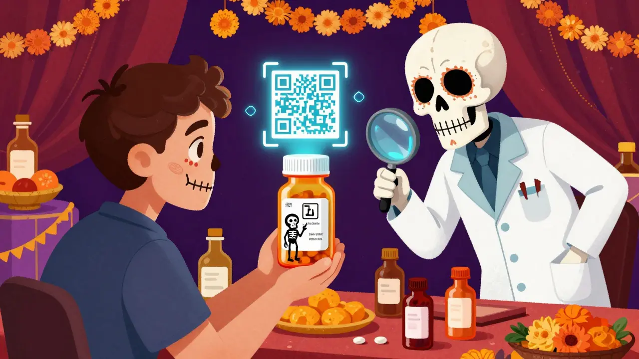 A patient examines a pill bottle with a skeleton inside pointing to refrigeration and expiration info, while a pharmacist uses a magnifying glass under marigold lights.
