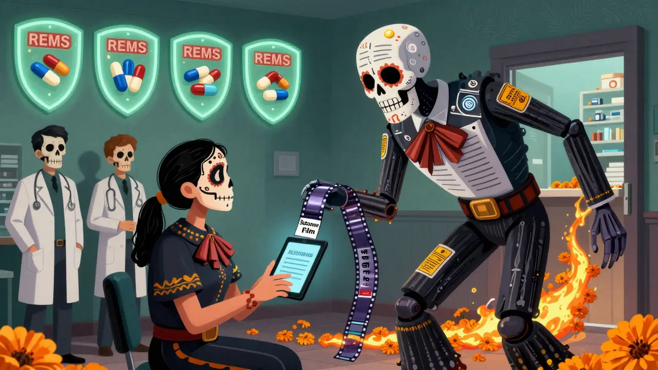 A patient is forced to accept a new drug form by a corporate monster while generic pills are blocked by REMS shields.