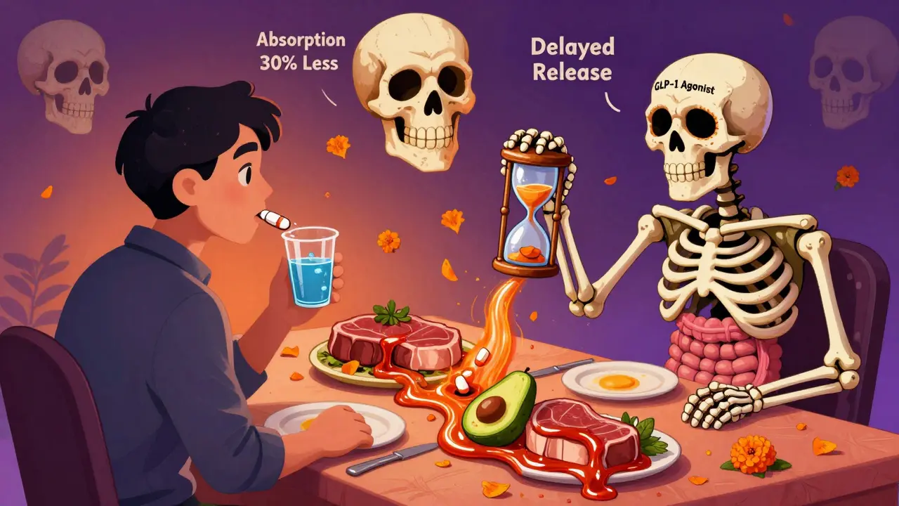 A patient taking a pill while a skeleton slows its absorption with an hourglass, surrounded by fatty food turning to molasses.