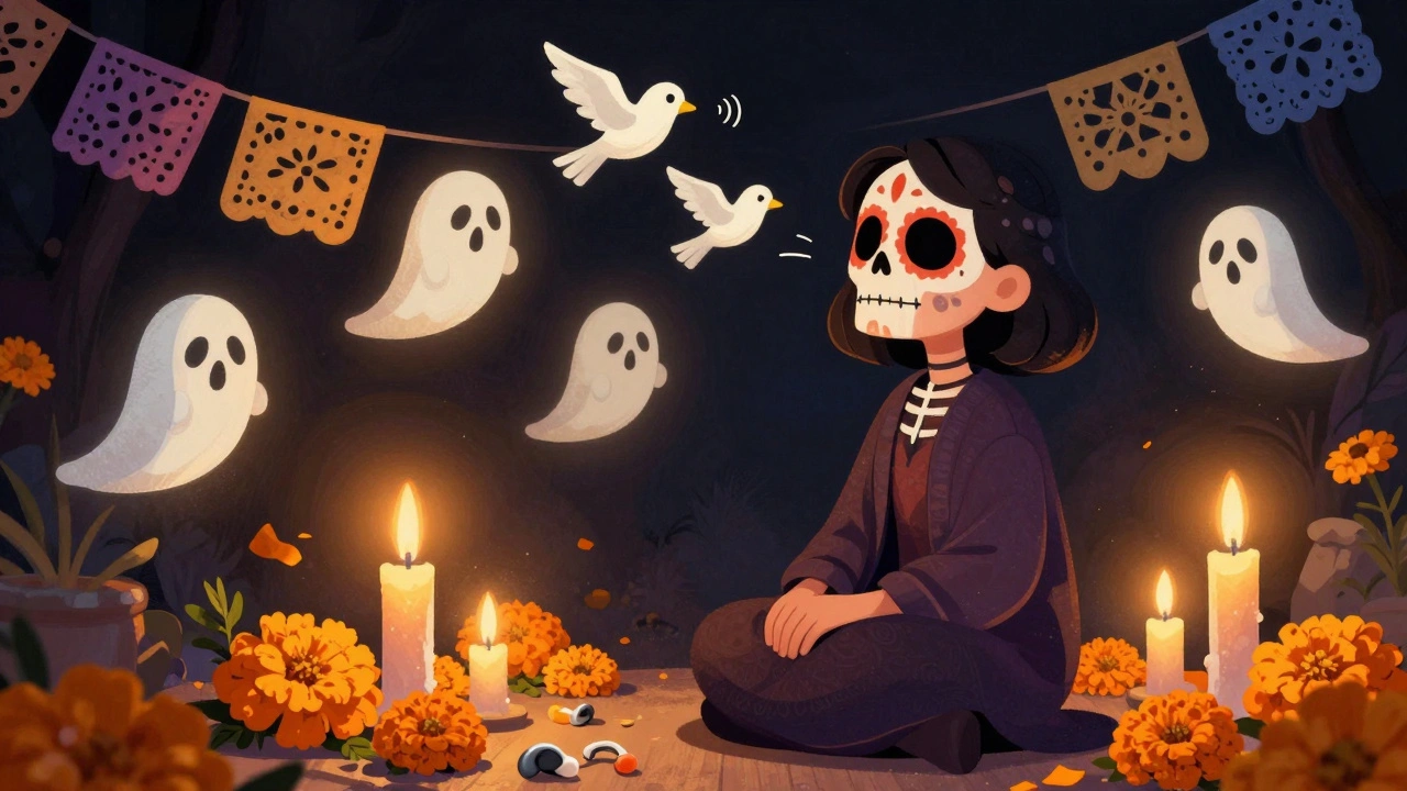 A person at an altar with hearing aids, as skeletal birds carry away ringing tones into the dark.