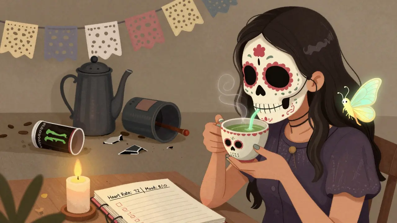 A person calmly drinking green tea from a sugar skull cup, with a glowing moth symbolizing L-theanine nearby.