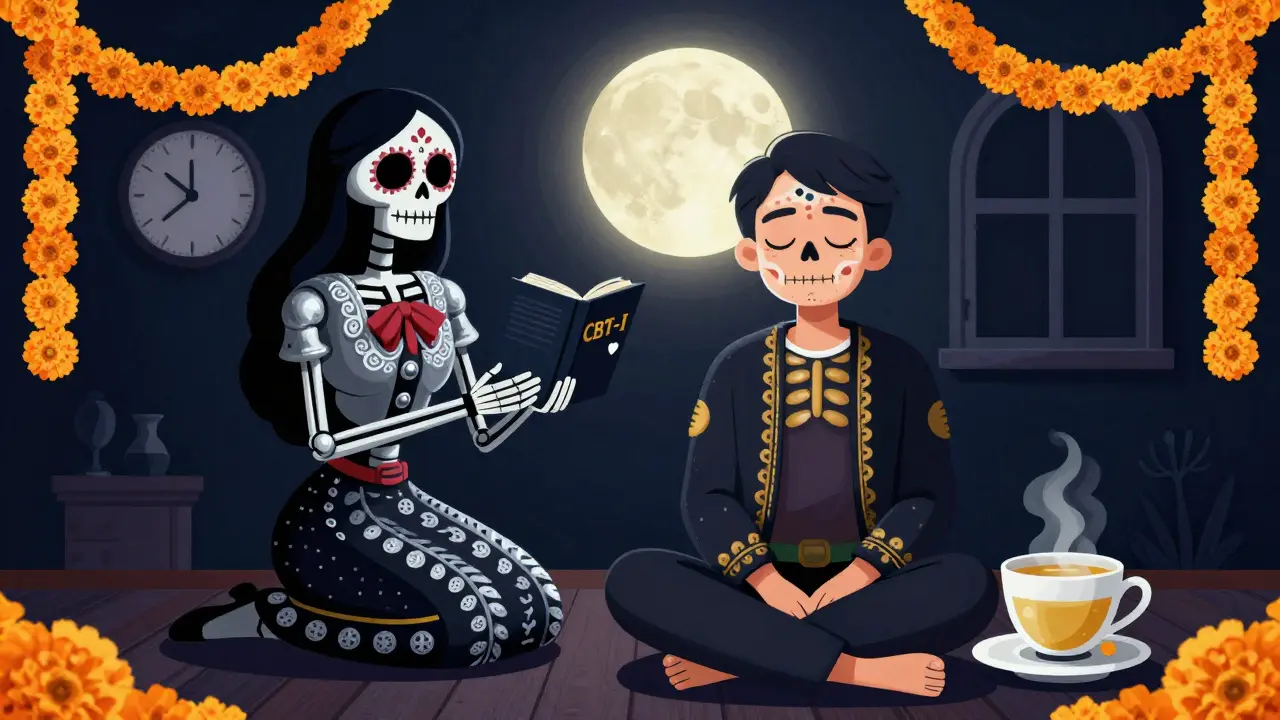A person meditating peacefully as a gentle skeleton offers a CBT-I book, surrounded by calm symbols like a steady clock and dim room.