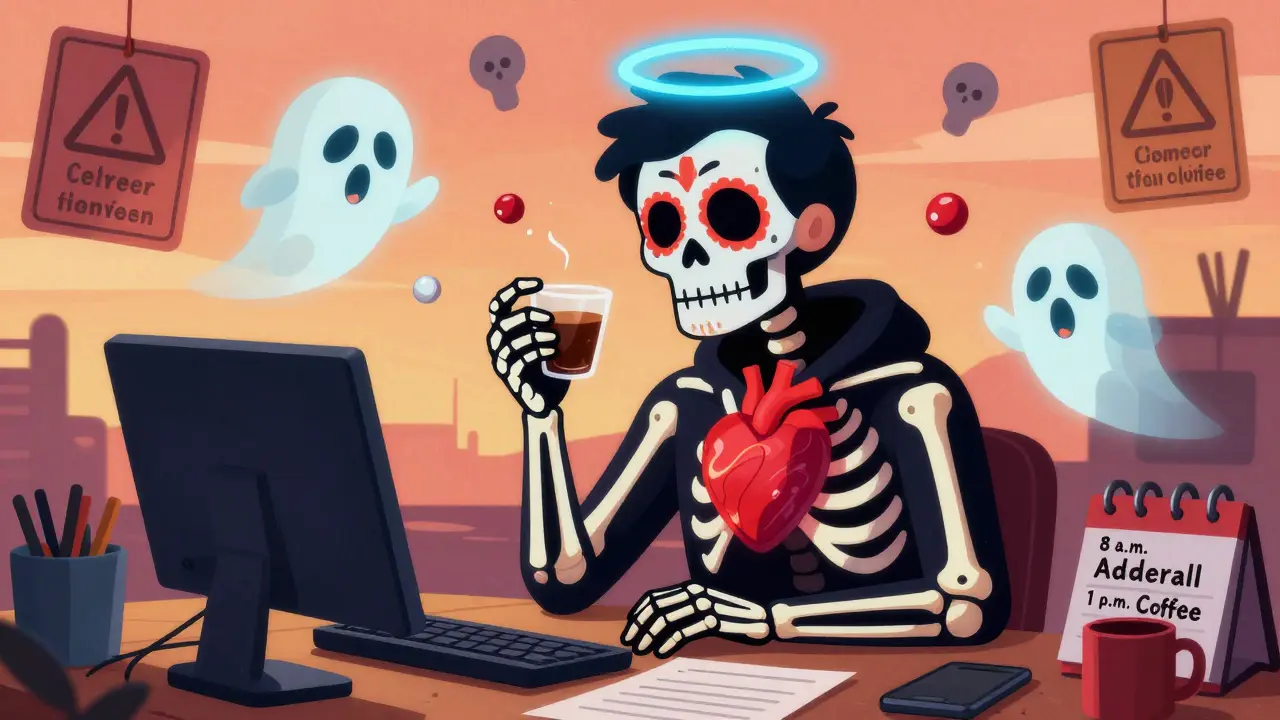 A person partially turning skeletal with caffeine spirits swirling around them, glowing heart and warning calaveras in background.