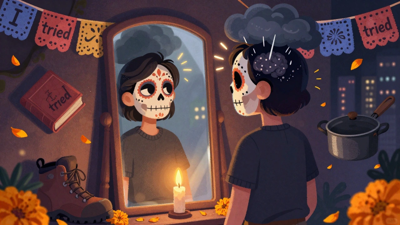 A person seeing a split reflection: one real, one skeletal, with seizures as sparks and abandoned items covered in papel picado.