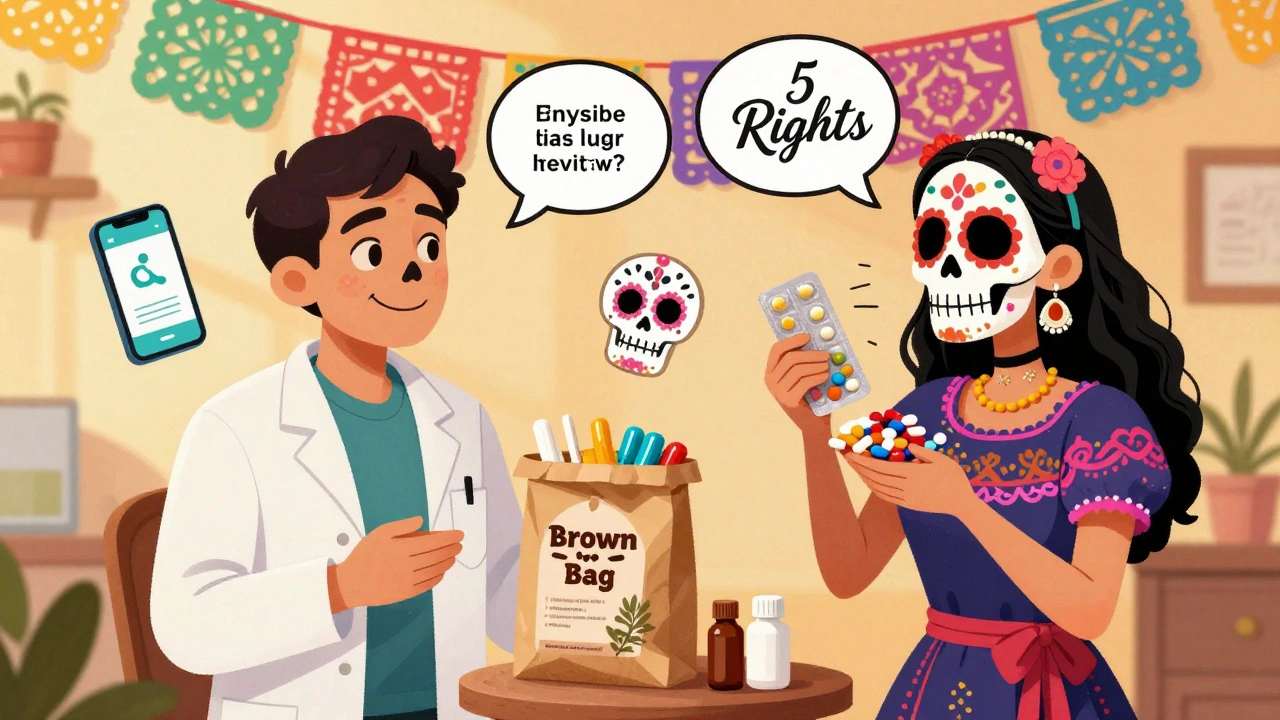 A pharmacist conducting a brown bag review with a patient, surrounded by pill icons and sugar skull speech bubbles.