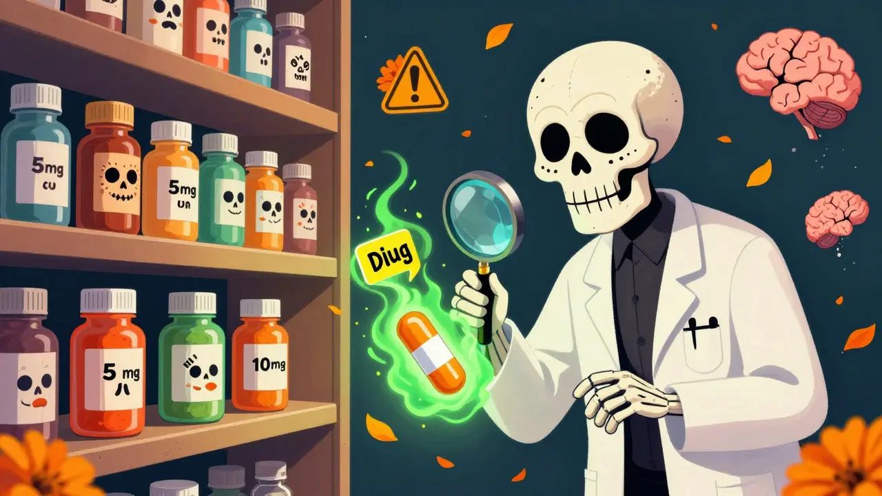 A pharmacy shelf with skull-decorated pill bottles leaking glowing mist, a skeleton scientist examining a mislabeled melatonin capsule.