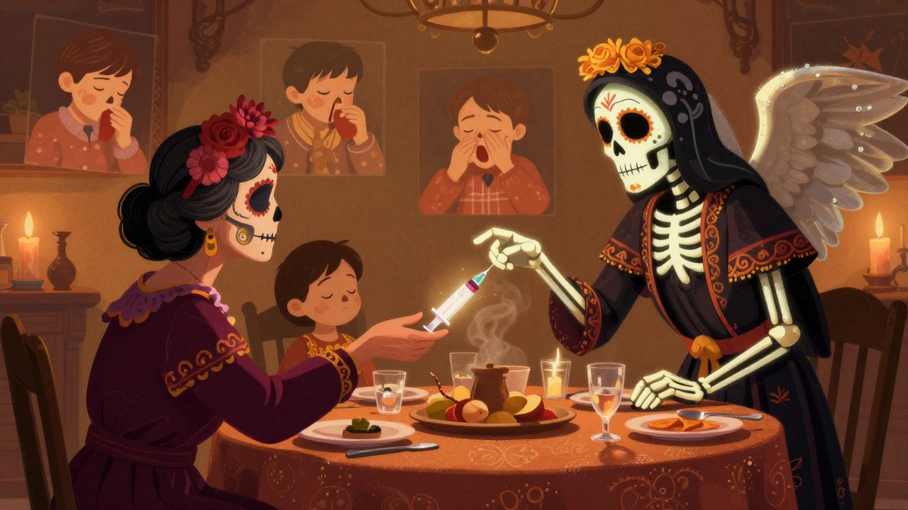A skeletal guardian stops a grandmother from using a kitchen spoon, pointing to a safe oral syringe on the table.