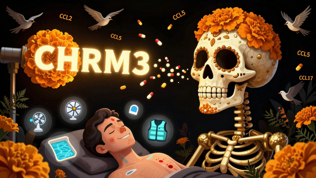 A skeletal marigold receptor being silenced by pills, with floating icons of cooling tools and healing skin in vibrant Day of the Dead colors.