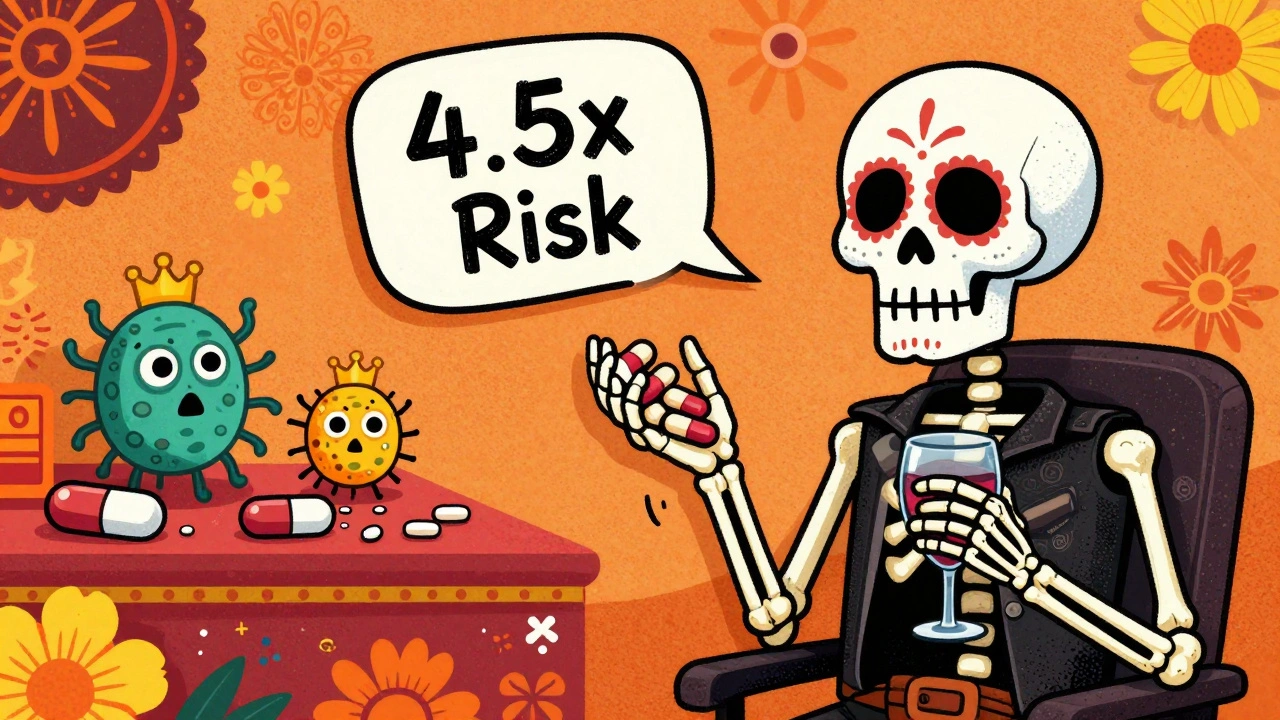 A skeleton taking ibuprofen and drinking wine, with ghostly resistant bacteria rising from a broken antibiotic pill.