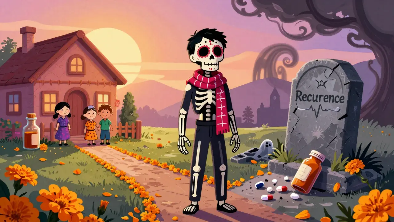 A survivor at a crossroads between recovery and recurrence, adorned with marigolds and ECG waves.