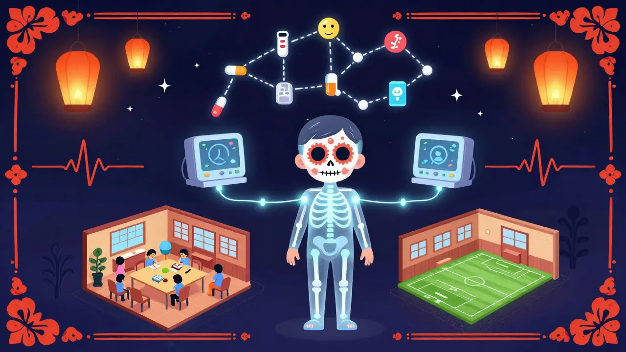 A translucent child’s skeleton with glowing connections between hospital, school, and sports, surrounded by health app symbols and lanterns.