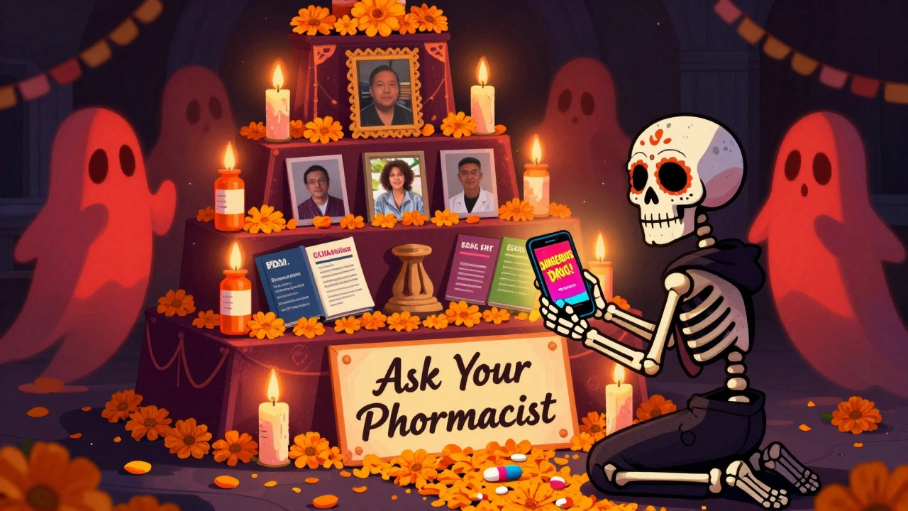 An altar to medication safety with scientific sources, rejecting viral social media myths, guiding a patient toward professional advice.