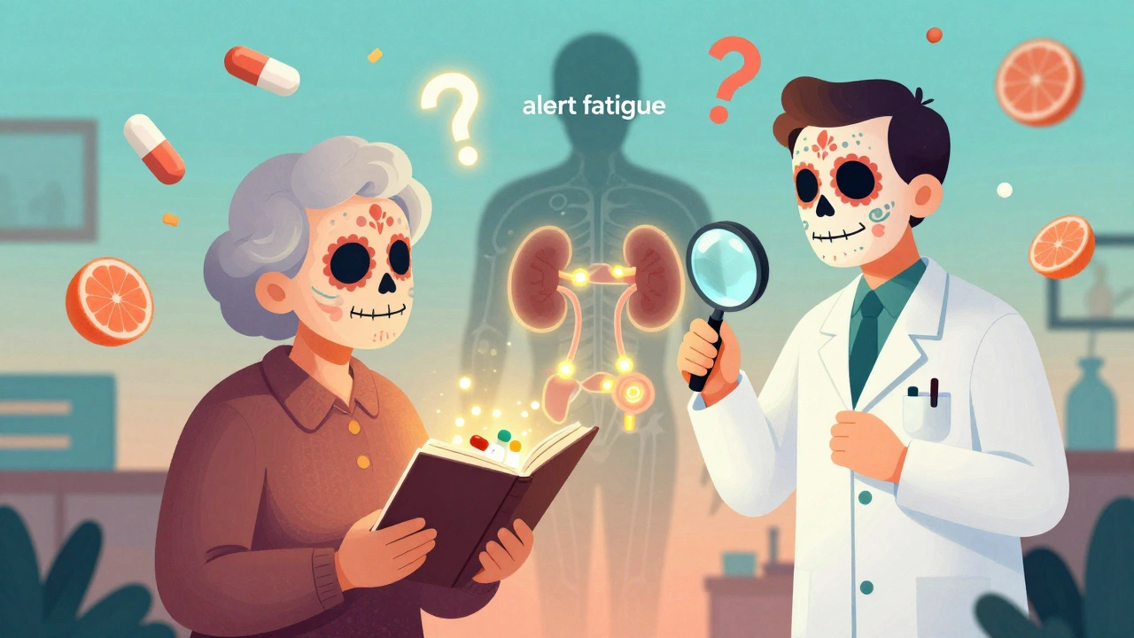 An elderly patient with a medication list beside a pharmacist examining a glowing body map, floating drugs and question marks in the air.