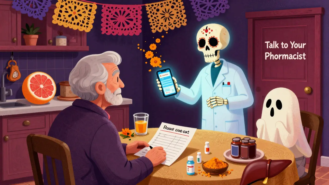 An elderly person reviews meds at a table, surrounded by ghostly interaction threats, guided by a pharmacist skeleton toward a smartphone with Epocrates.