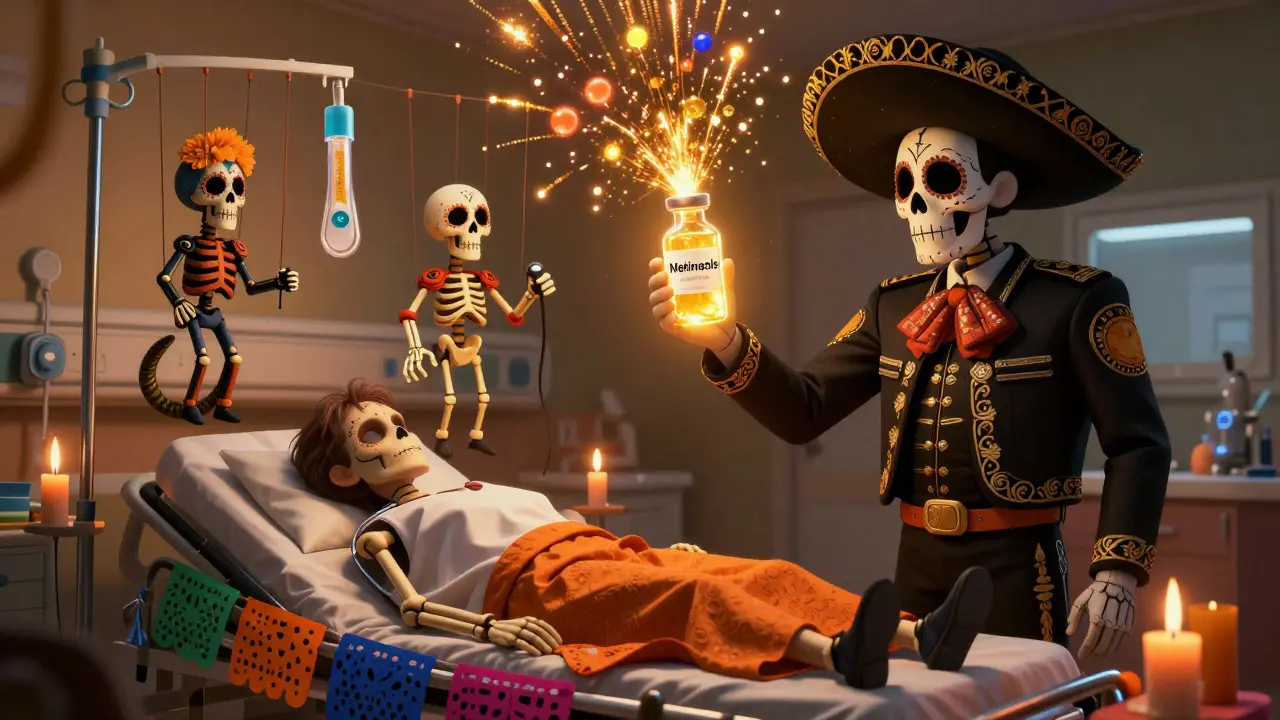 An ICU scene as a Day of the Dead altar with floating medical tools turned into skeletal marionettes.