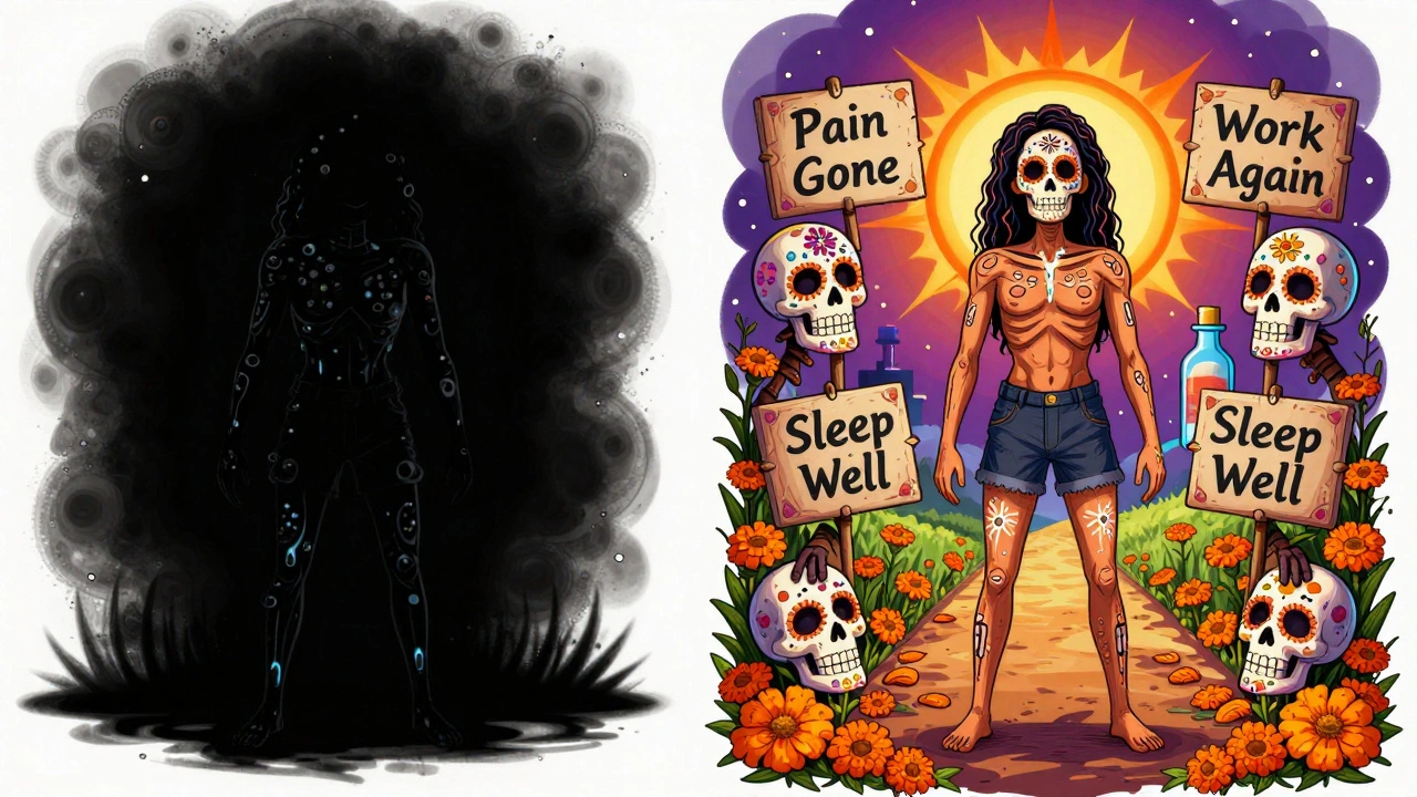 Before and after: person transformed from shadowed pain to bright freedom with sugar skulls and marigold path.